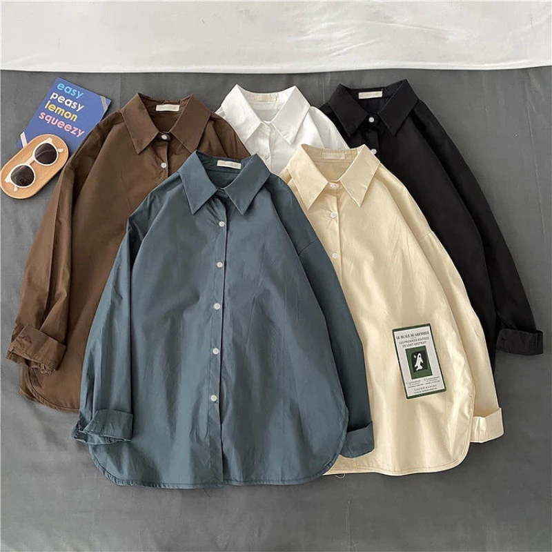 JMPRS Vintage Women Shirt Korean Fall Long Sleeve Solid Color High Street Loose Button Up Tops New  Turn Down Collar Shirts