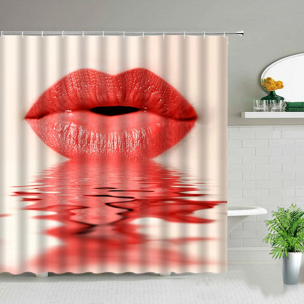 Sexy Red Lip Bathroom Set Shower Curtain Beautiful Woman Waterproof Curtains Romantic Valentine's Day Room Bathtub Home Decor