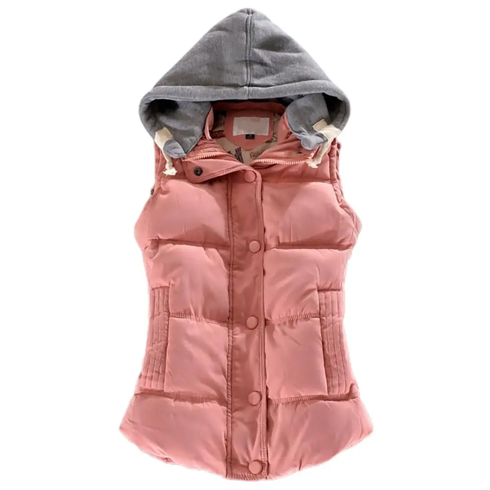 Women Autumn Winter Warm Down Vest Zip Button Pocket Removable Hooded Waistcoat