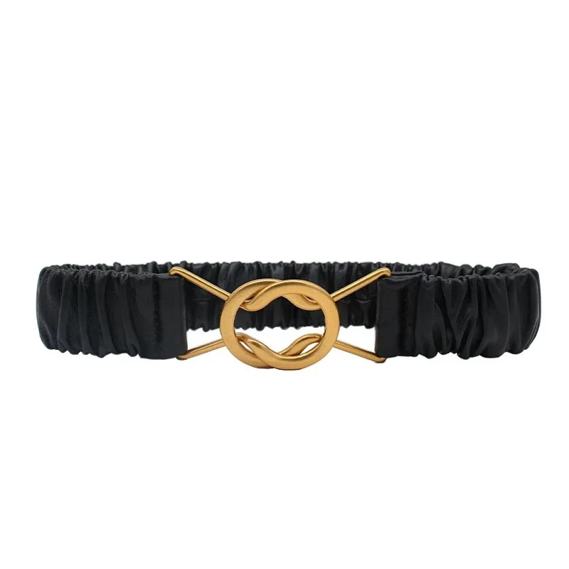 Fashion Lady Design Lambskin Fold Elastic Wide Belt Double-ring Buckle Girdle Retro Black Belt