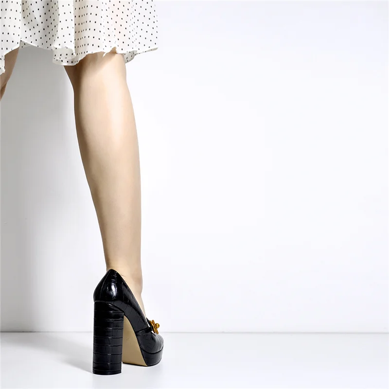 Onlymaker Women Chunky High Heel Pointed Toe Low Platform Stone Texture Slip On Golden Button Decoration Spring Pumps