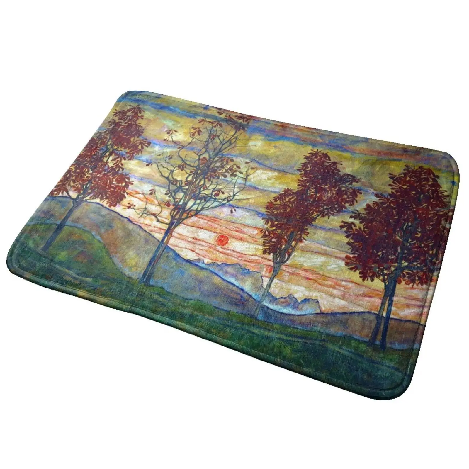 Beautiful Egon Schiele Landscape Four Trees Vintage Oil Painting 1917 Entrance Door Mat Bath Mat Rug William Morris Cock