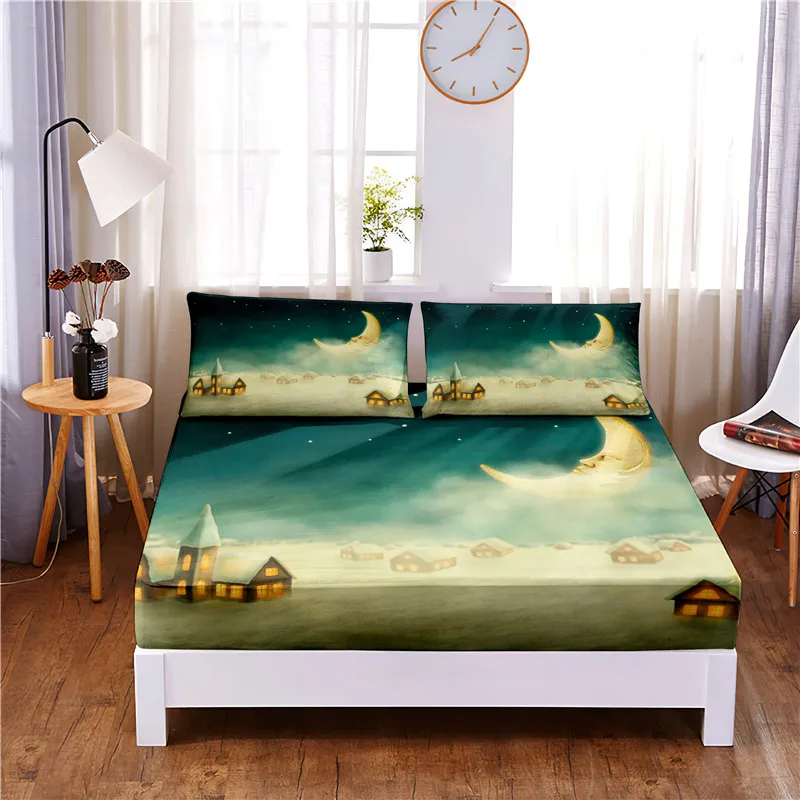 

Moonlight Digital Printed 3pc Polyester Fitted Sheet Mattress Cover Four Corners with Elastic Band Bed Sheet Pillowcases