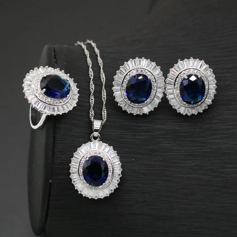 XUTAAYI Luxury Jewelry Earrings Silver Wedding Jewelry Sets For Women Blue Sapphire Bracelet Rings Bridal Pendant Necklace Set