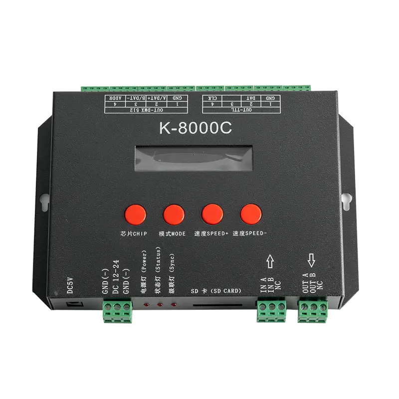 

K-8000C off-line programmable DMX/SPI SD card pixel controller;8ports signal output;DC5-24V for RGB full color pixel light strip