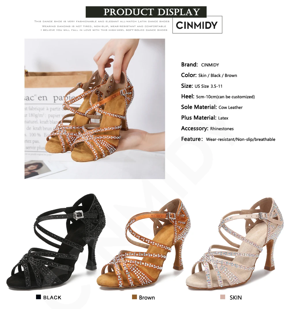 CINMIDY Damen Latein Tanzschuhe Strass Weiche Sohle Salsa Schuhe Ballroom Tanz High Heels Damen Sandalen Hochzeitsschuhe für Frauen – Detail 6