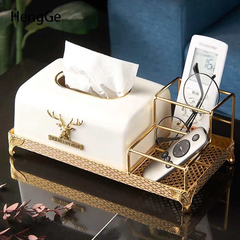 

Light Luxury Ceramics Tissue Box Holder Gold Deer Decor Gilded Base Bracket Multifunction Cosmetic Remote Control Storage Holder