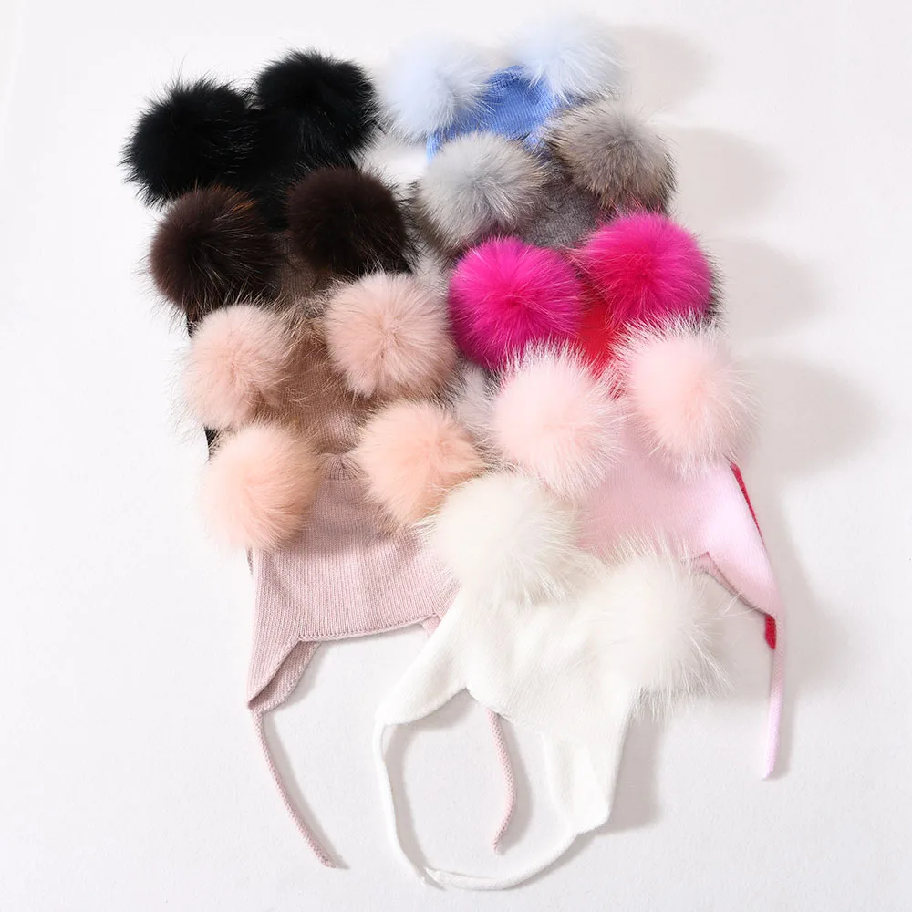 Jxwatcher Winter Kids Beanie Hat Real Big Cute Two Fur Pom Pom Cap Boys Girls Baby Wool Knitted Warm Beanie Children Ears Hats