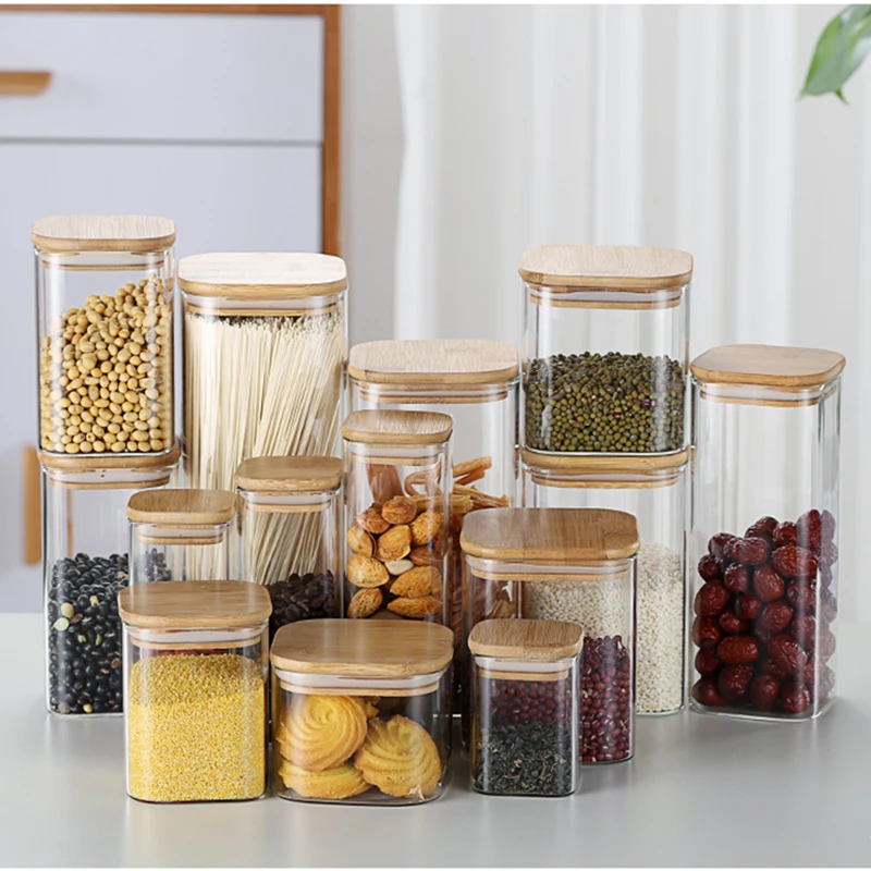 

European-style Glass Storage Jar Tea Sealed Cans Household Square Candy Coffee Bean Storage Box Bamboo Wood Cover Glass Bottle