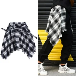 Hip Hop Irregular Men and Women Fake Shirt Hem Spring Autumn Plaid Tassel False Shirt Skirt Half-body Female Skirts Womens Saia