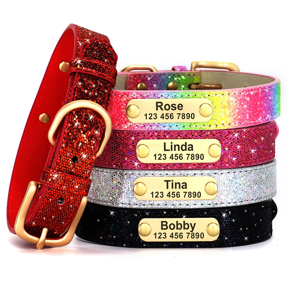 Anti-lost Dog ID Collar Personalized Dogs Cat Name Collars Bling Sequins Necklace With Engraved Tag For Small Medium Dogs Cats