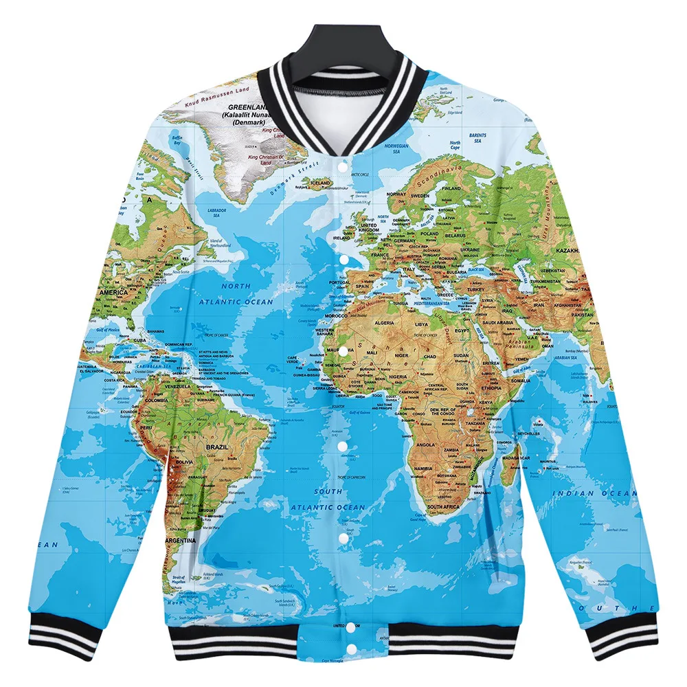 

World Map 3D Print Zip Up Baseball Jacket Men Bomber Jacket Outerwear Streetwear Hip Hop Baseball Uniform Casual Tracksuit