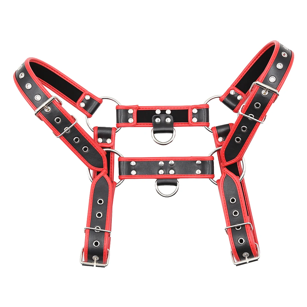 Leather Fetish Men BDSM Gay Chest Harness Belts Male Sexual Bondage Clothes Black and Red Body Harness Straps Punk Rave Tops