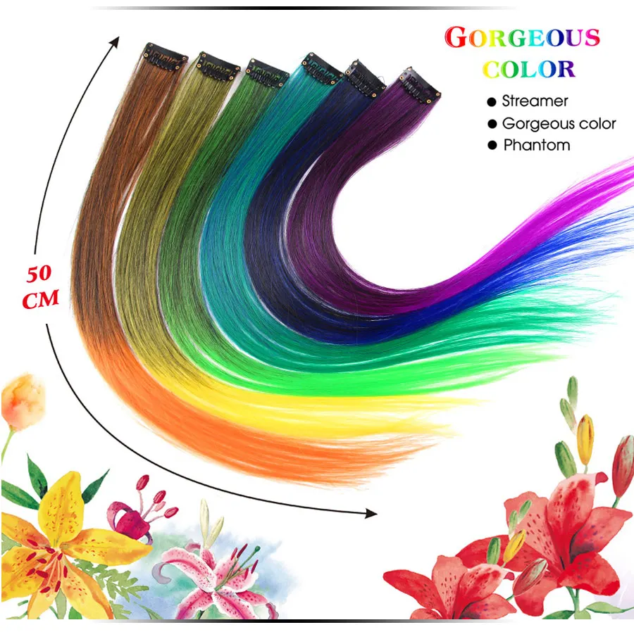 Highlights Hair Rainbow Synthetic Clip On Hair Extensions Ombre Colored Clip Hairpiece Colorful Clip Hair Strands For Festival