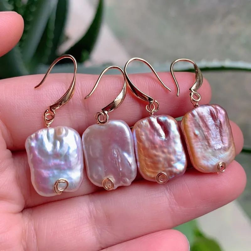 Elegant Real Natural Freshwater Pearl Dangle Earrings for Women Rainbow Shiny Irregular Rectangle Biwa Baroque Pearl Earrings