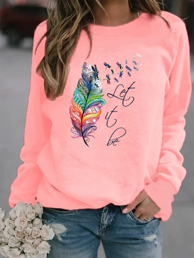 Feather Let It Be Printed Hoodies Women Fleece Long Sleeve O Neck Loose Sweatshirt Girls Women Hoodie Pullovers   Winter