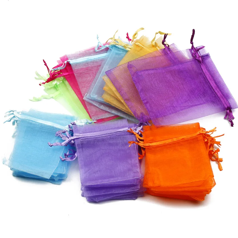 50pcs/Lot Adjustable Organza Bags Drawstring Jewelry Packaging Favors Cake Pouches Candy Wedding Packing Present Tulle Pouches