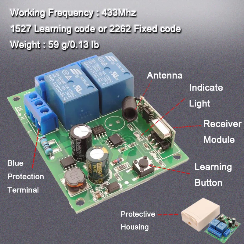 300M Rf Remote 433Mhz Universal Wireless Remote Control Switch AC 85V ~ 250V 2Ch 10A Relay Receiver Module for Garage,Gate,Motor