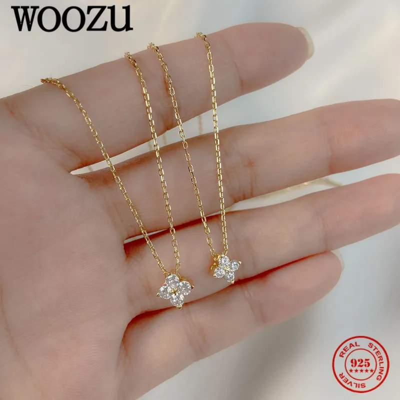 WOOZU 925 Sterling Silber Französisch Nette Vier-Blatt Blume Anhänger Halsketten Für Frauen Luxus Schlüsselbein Kette 14k Gold überzogene Schmuck