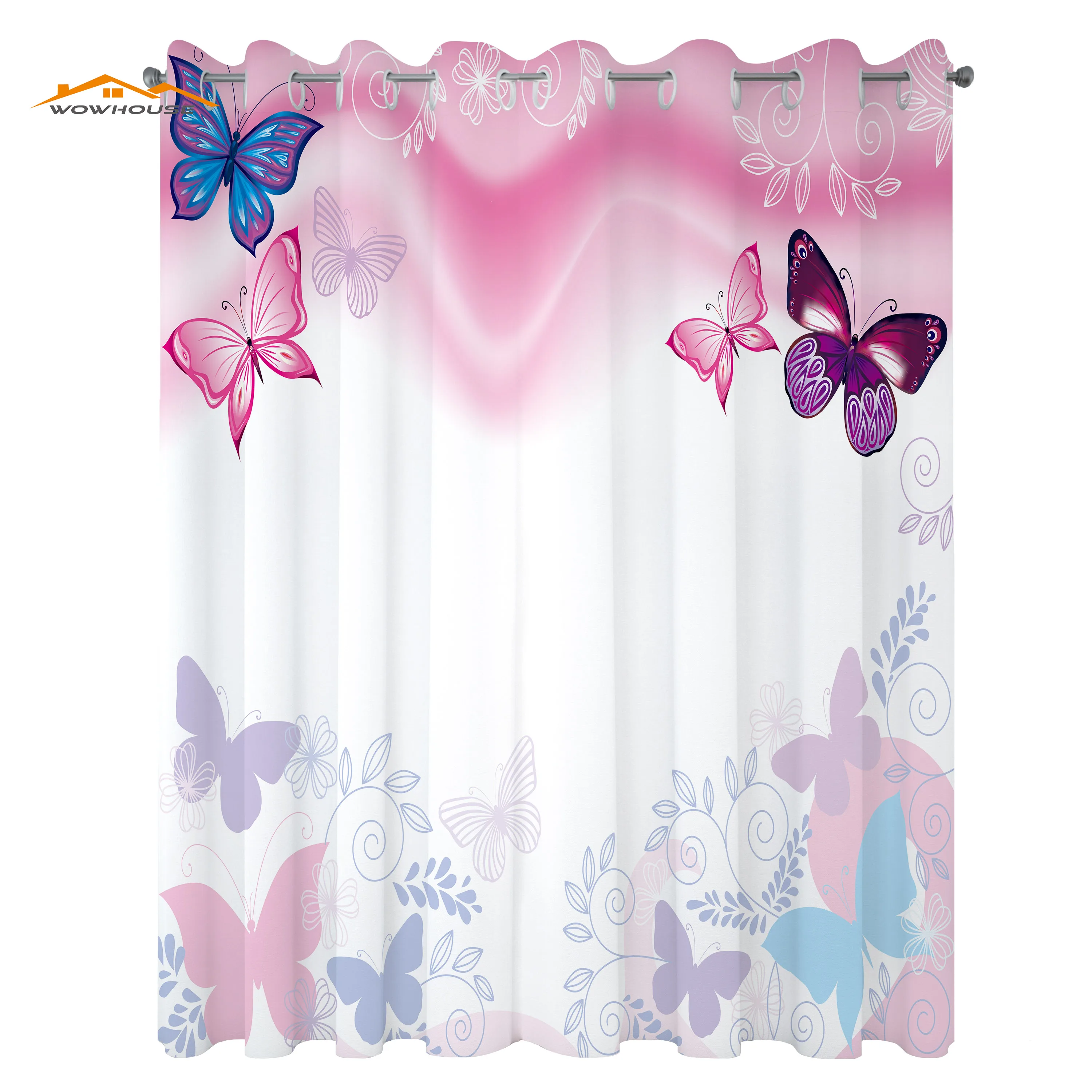 Princess Curtains Flowers and Butterflies Curly Wavy Leaves Insect Summertime Design Living Room Bedroom Window Drapes Pink