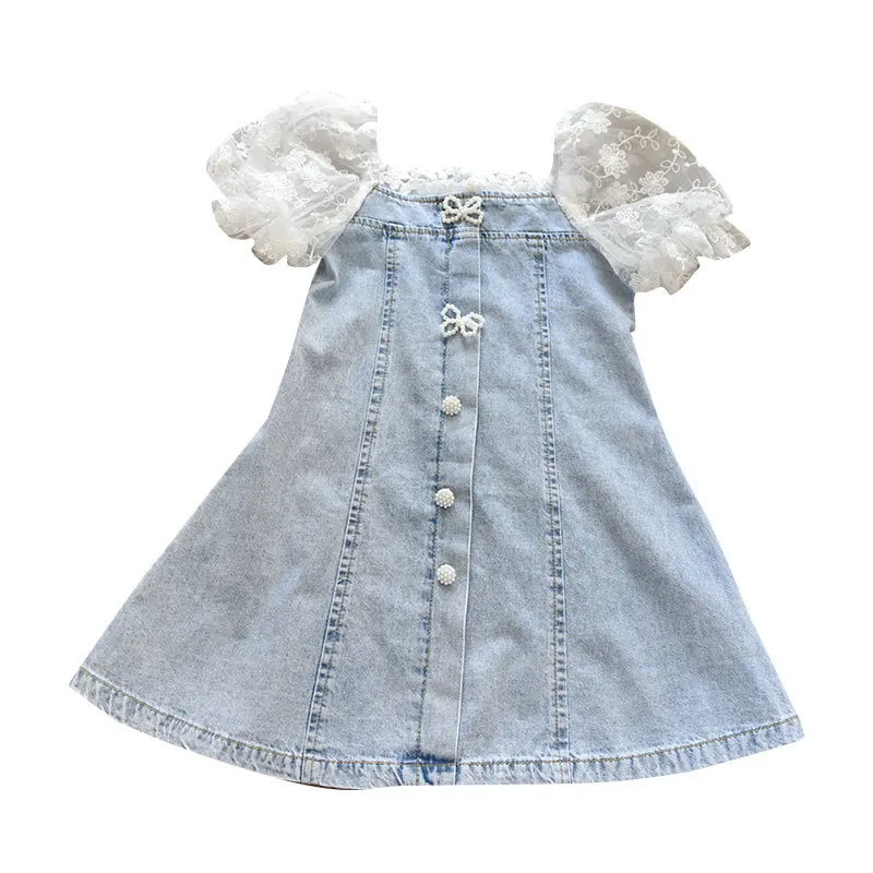 2022 Summer Girls Temperament Dress New Pearl Seersucker Sleeves Stitching Soft Denim A-Line Dresses Children\'S Fashion Clothing