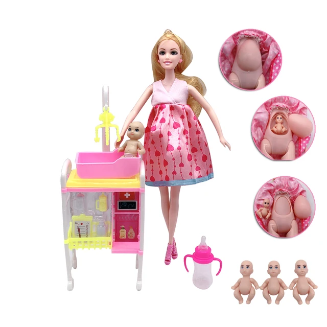 11.5 Fashion Pregnant Women Barbies Doll Mother And Child Baby Care Bed Combination Children s Toy Accessories 4 Small Dolls Dolls AliExpress