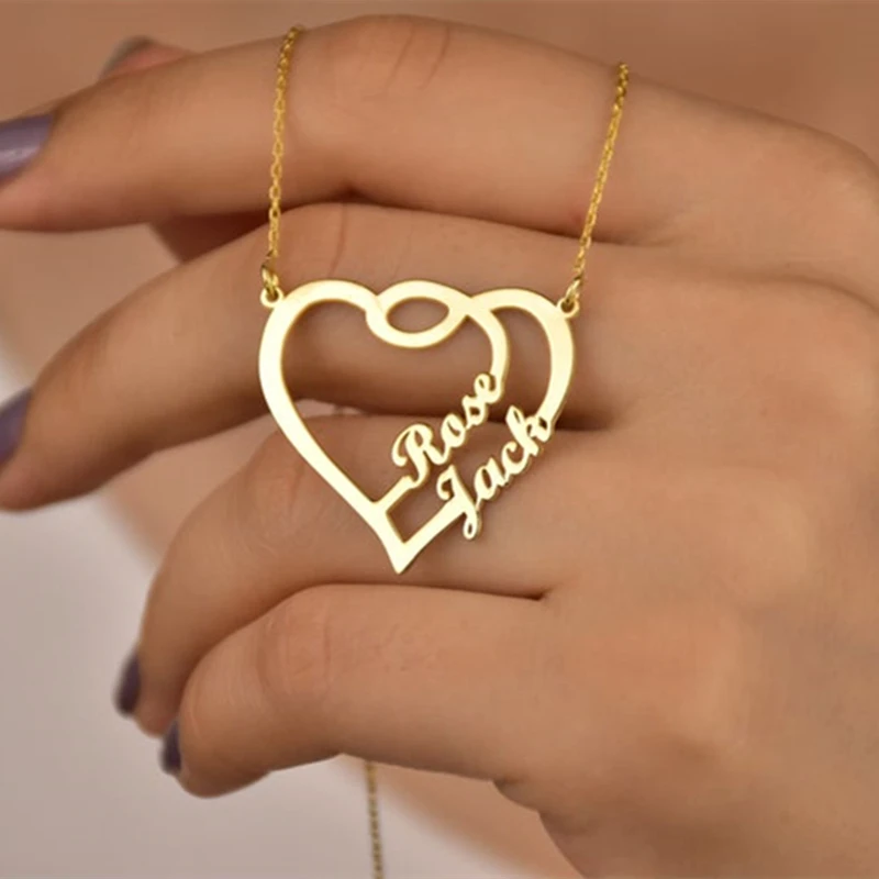 KristenCo Personalized Double Heart Name Necklace Customized Gold 2 Names Heart Necklaces Jewelry Gift