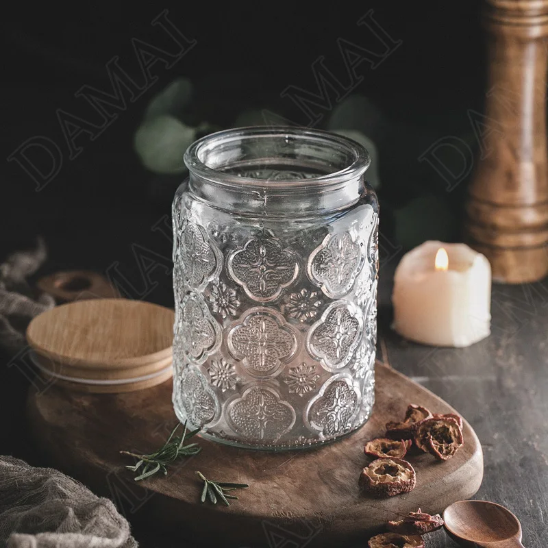 Relief Glass Storage Jar Carved Flower with Wooden Lid Sugar Crystal  Jars Seal Tea Caddy Grain Dispenser Kitchen Supplies