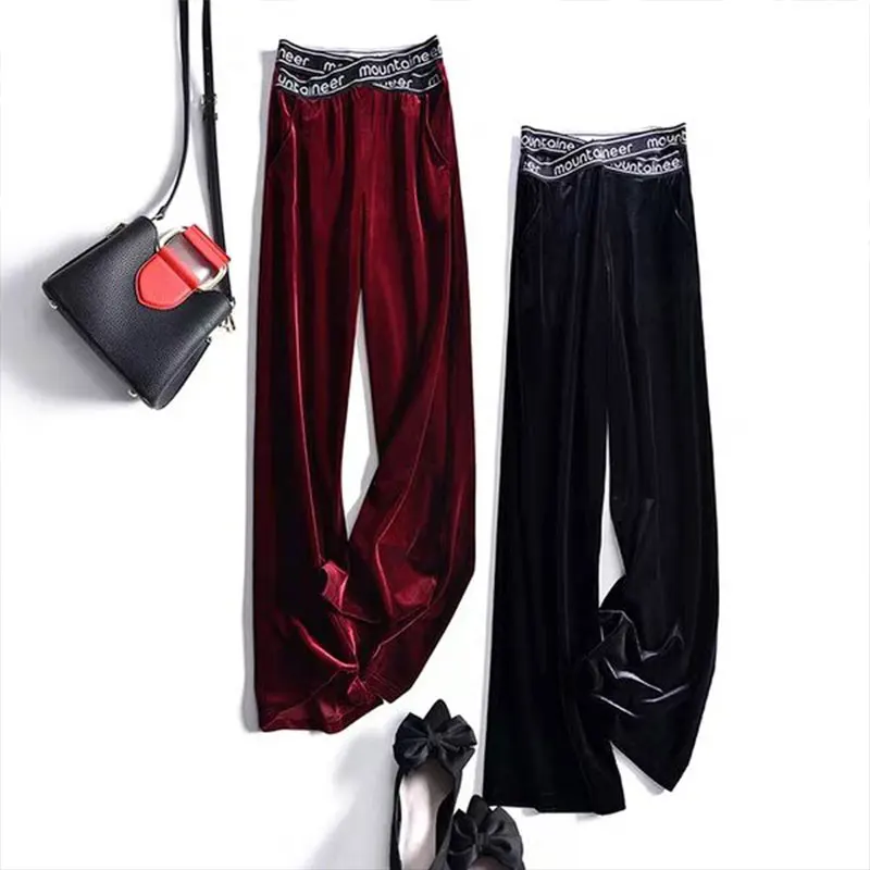 

Pleuche Plus Velvet Wide-leg Letter Elastic High Waist Women's Pants Autumn Winter Korean Fashion Full-Length Pants For Women