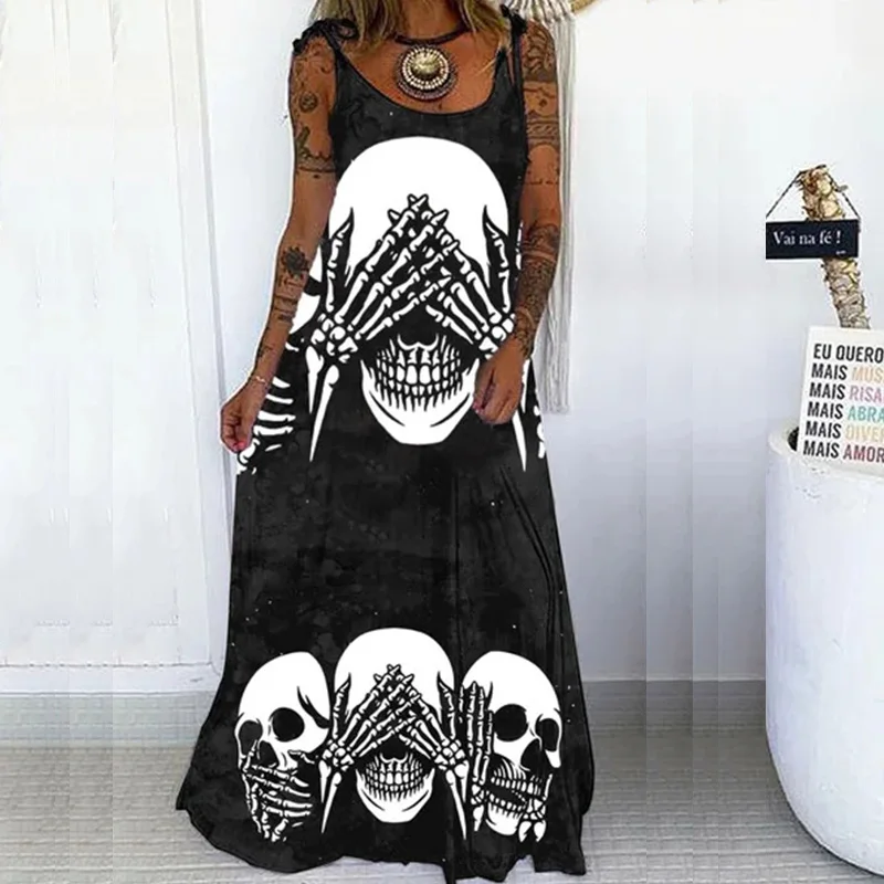 Vintage Drawstring Spaghetti Straps Women Party Dress Casual Fashion 3D Skull Print Elegant Ladies Long Dresses Autumn Vestidos