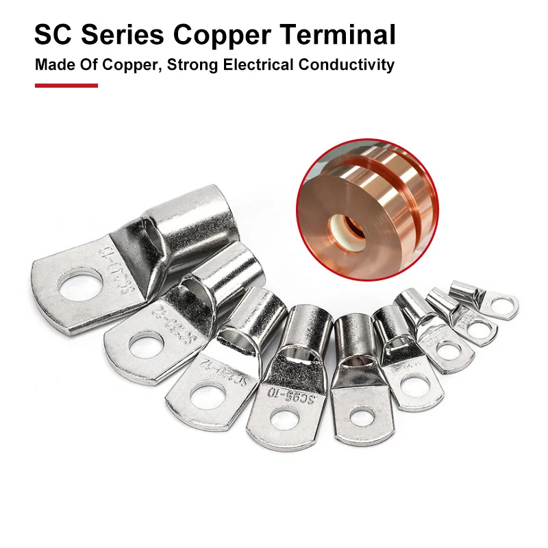 SC Tinned Bare Copper Crimp Terminals SC-2.5/4/6/10/16/25/35/50/70 Ring Type Wire Nose Terminal Cable Electric Connector Lug Kit