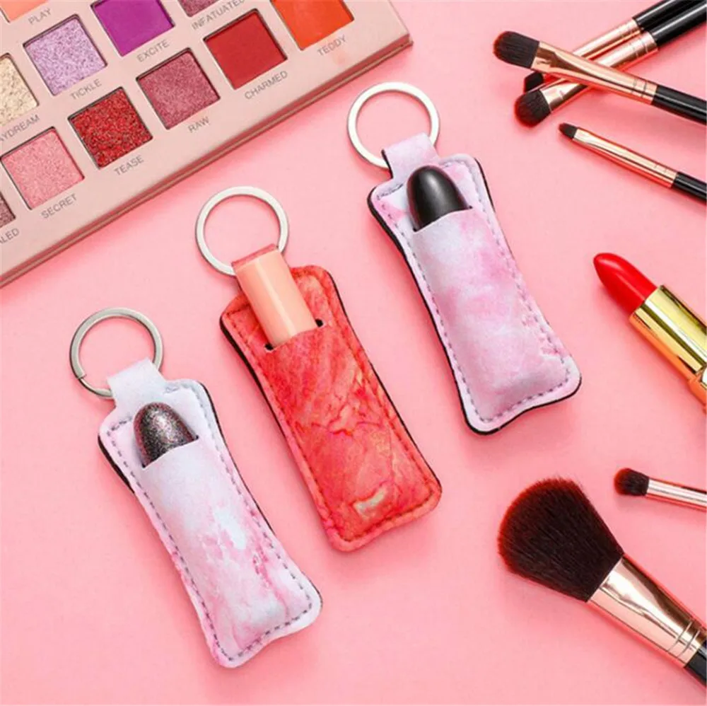 

Hot 500pcs/lot Neoprene Chapstick Holders Lipstick Cases Cover Portable Balm Holders Marble Style Keychain Party Gifts