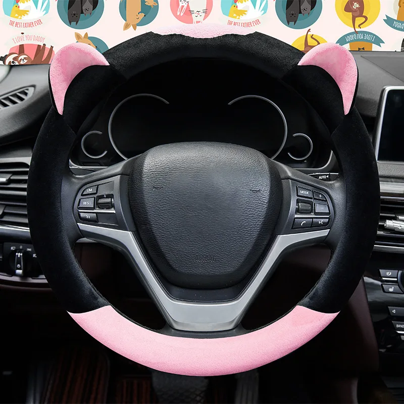 Cute Bear Ear Auto Steering Wheel Cover Plush Cartoon Car Accessories Interior Woman Girls Pink Steering-Wheel Protection Case