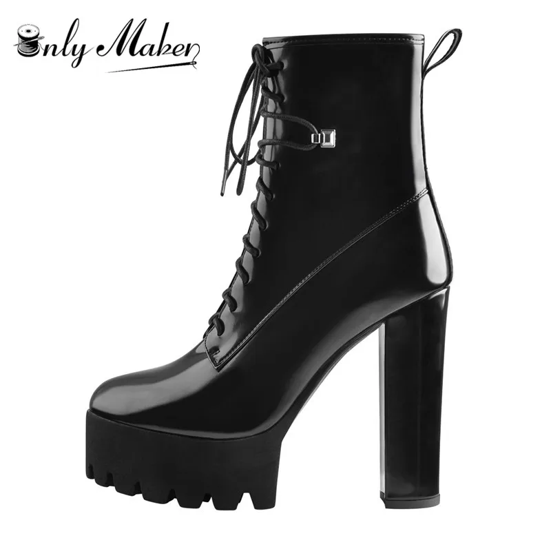 Onlymaker Round Toe Black Patent Leather Chunky High Heels Platform Ankle Boots Big Size Shoes