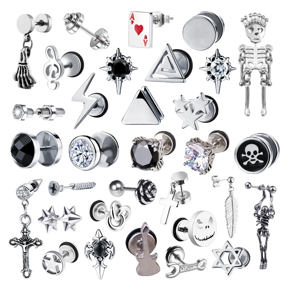 2021 Punk Stainless Surgical Steel Women Men\'s Stud Earrings Small Gothic Geometry Skeleton Rock Zircon Hip Hop Jewelry Earrings