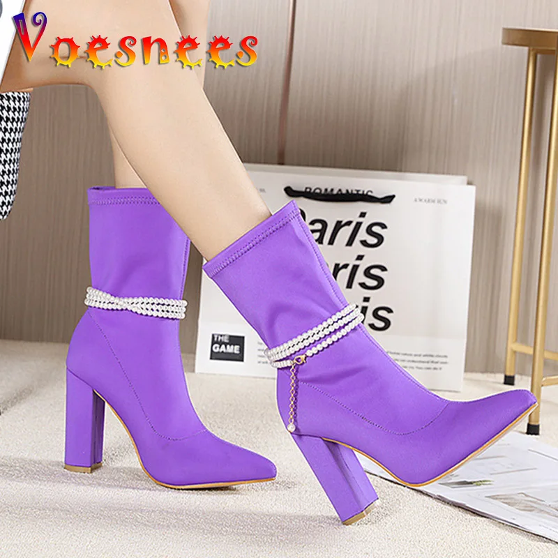 

Voesnees 10CM Classic Women Autumn Winter Mid Boots Pearl Decor String Bead Design Fashion Pointed Toe Female Chunky Heel Shoes