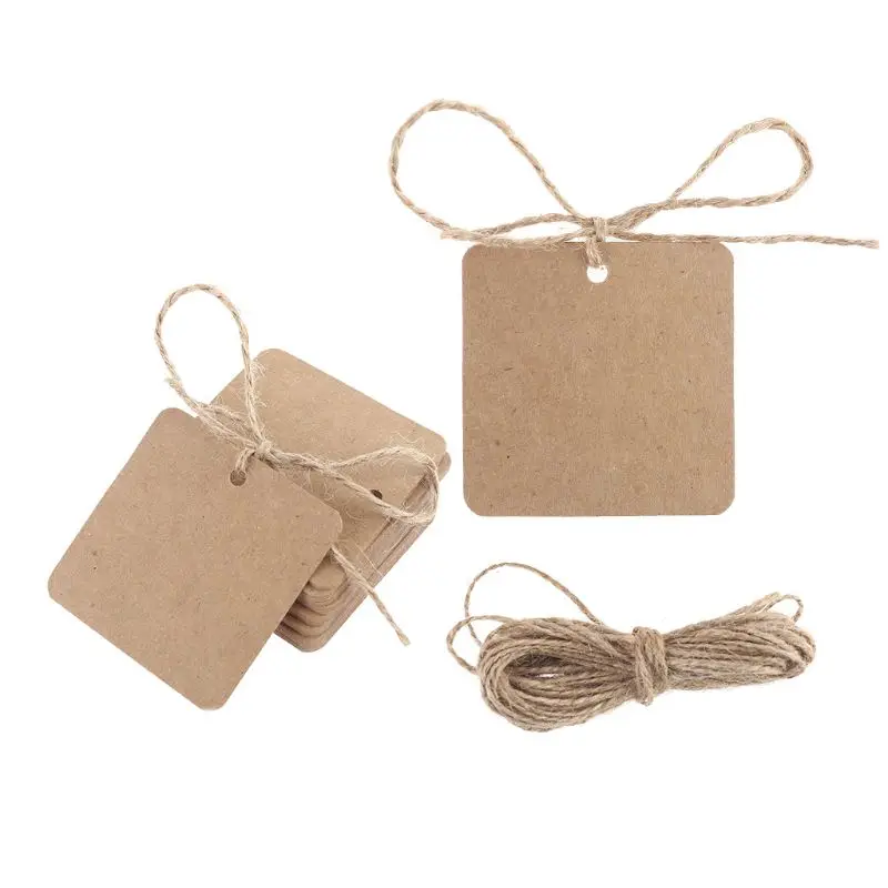 100pcs Blank Square Kraft Paper Gift Hang Tags Wedding Label Price Card Craft with 10m Natural Jute Twine