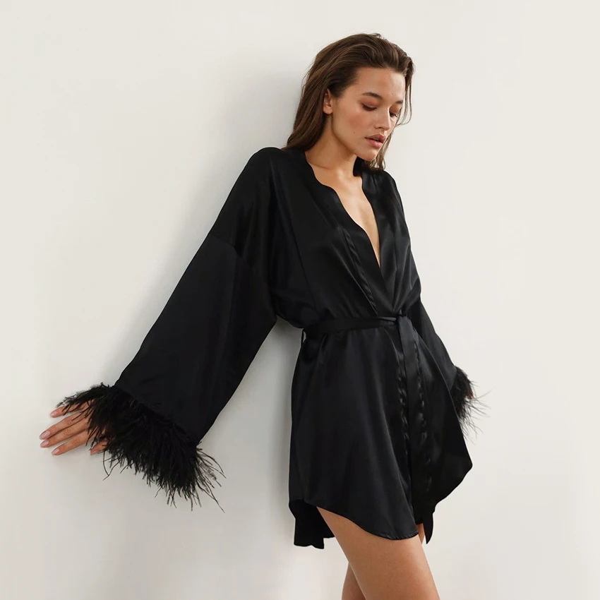 Hiloc Feather Bathrobes Satin Sexy Mini Dress Long Sleeve Loose Peignoirs For Women Robe White Wedding Dress Black Bride Dresses