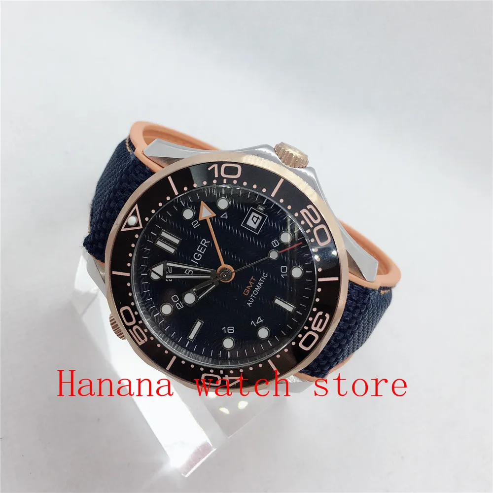 Corgeut Fashion Round Bliger Automatic Winding Watch GMT Hands 41mm Sapphire Glass Blue Dial Date Window Rubber Strap