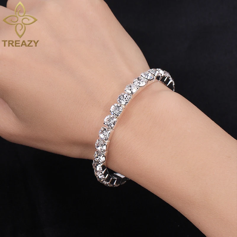 TREAZY Simple Silver color Crystal Bracelets & Bangles for Women Bride Gift Fashion Open Cuff Bangle Femme Party Prom Jewelry