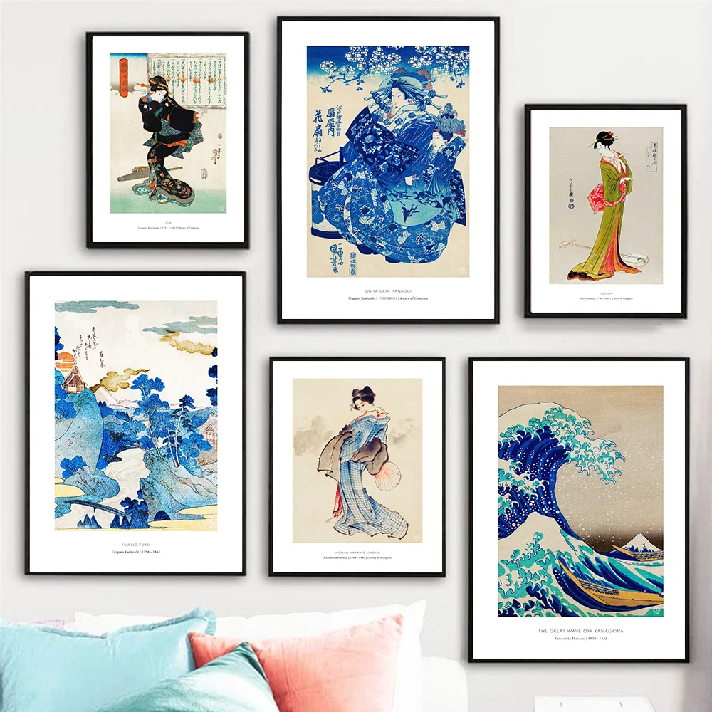 Retro Japanese Fuji Waves Geisha Woman Canvas Painting Posters And Prints Wall Art Pictures Modern Living Room Home Decoration