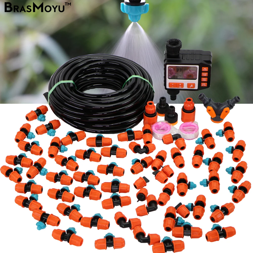 BRASMOYU 5-30M 8/11MM 2-IN-1 Orange Garden Misting Cooling Watering System Yard Summer Irrigation Kits Gardening 3/8'' Tubing