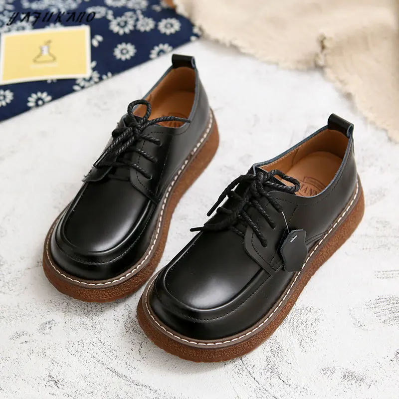 European American Retro British Style Literary Genuine Leather Thick-Sole Lace-Up Handmade Big-Toed Shoes Mori Girl Casual Shoes