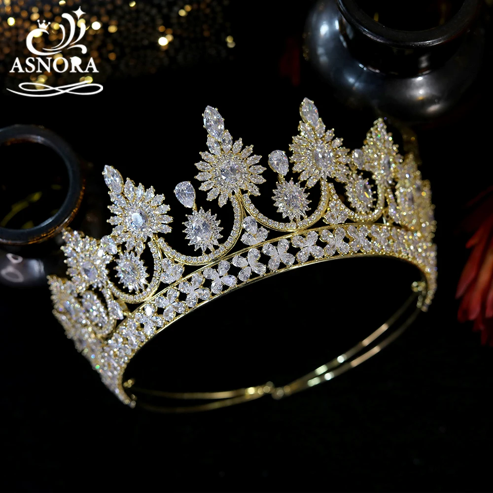 ASNORA Queen's Crown Luxury Crystal Headband Bridal Hair Accessories Bridal Gold Color Big Tiara With Cubic Zirconia Jewelry for