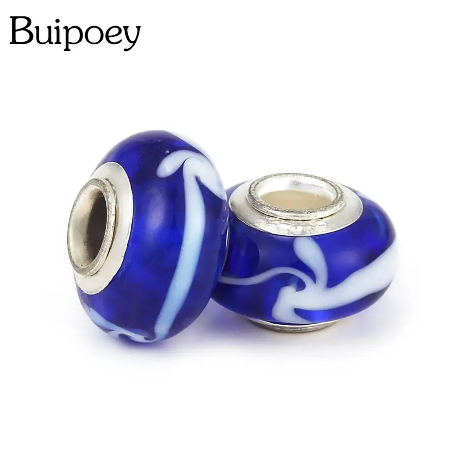 Buipoey 2pcs/lot Blue Glass Water Wave Pattern Beads Big Hole Straight Beaded Diy Bracelet Bangle Jewelry Making Accessory Gifts