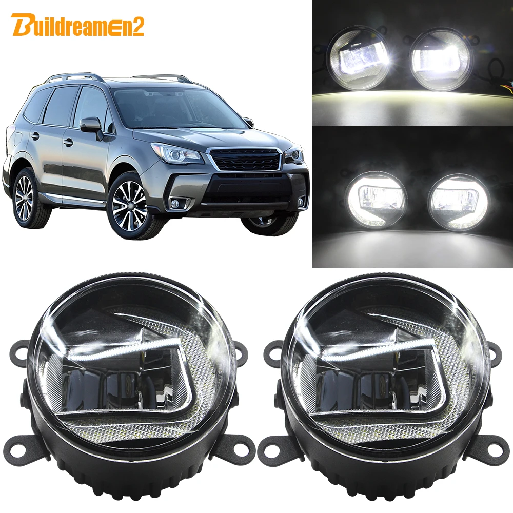 Buildreamen2 For Subaru Forester 2013-2018 Car 90mm Round LED Lamp Fog Light + Daytime Running Light H11 Socket 12V