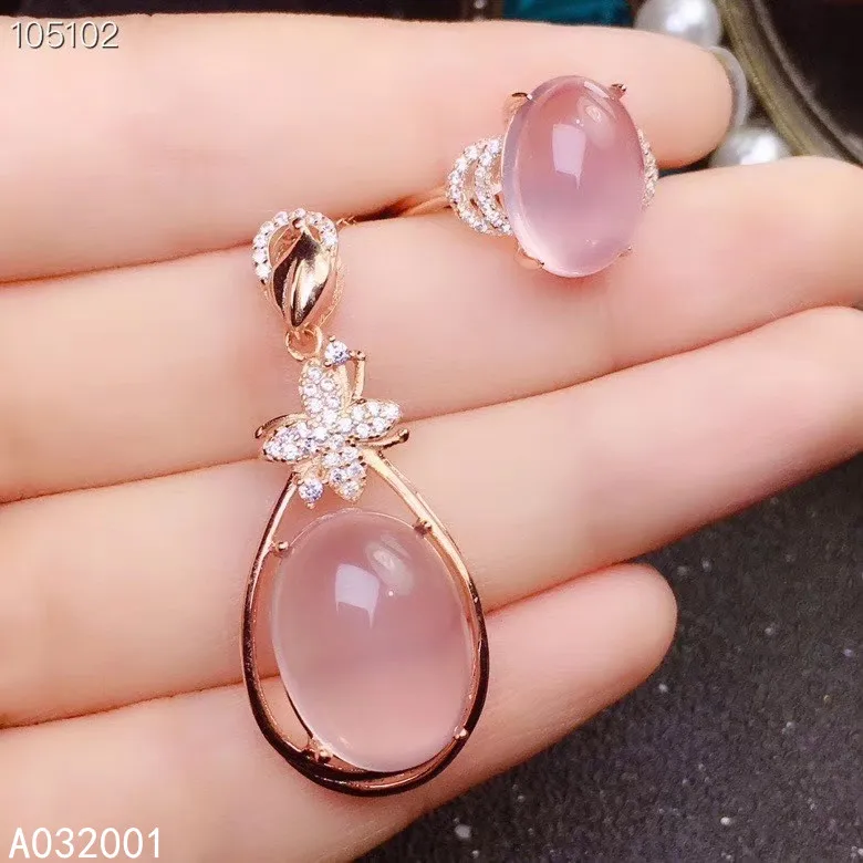 

KJJEAXCMY fine jewelry natural Rose Quartz 925 sterling silver women gemstone pendant necklace ring set support test luxury