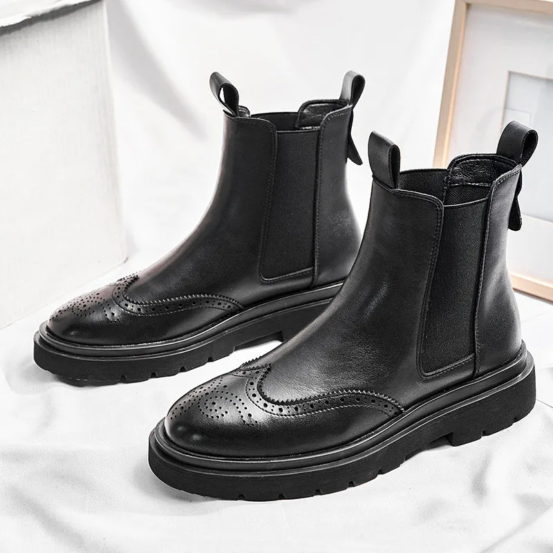 

brand designer mens fashion party nightclub chelsea boots genuine leather brogue shoes bullock platform boot cowboy ankle botas