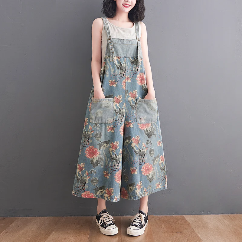 #2310 Summer Ladies Jumpsuits Ankle-length Loose Wide Leg Jumpsuits Women Floral Print Denim Rompers Vintage Denim Overalls 