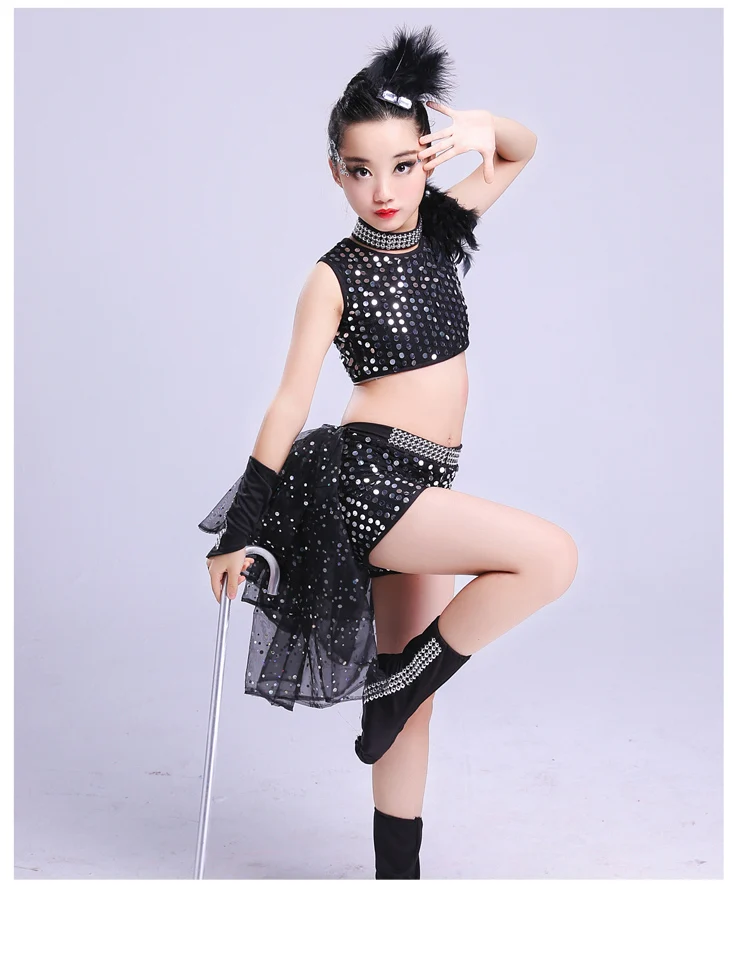 Girl Jazz Dance For Girls Jazz Dance Costumes for Kids Hip Hop Dancing Child Sequins Stage Performance Black Hip Hop Costumes